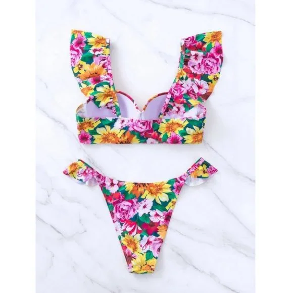 Multicolor Floral Womens Print Ruffle Trim Push Up Bikini Swimsuit - Picture 7 of 8